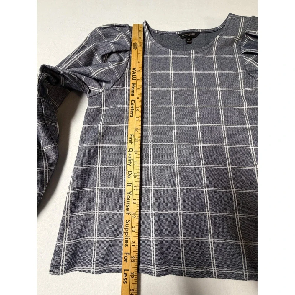 Banana Republic Windowpane Plaid‎ Puff Sleeve Knit Top Navy Womens M